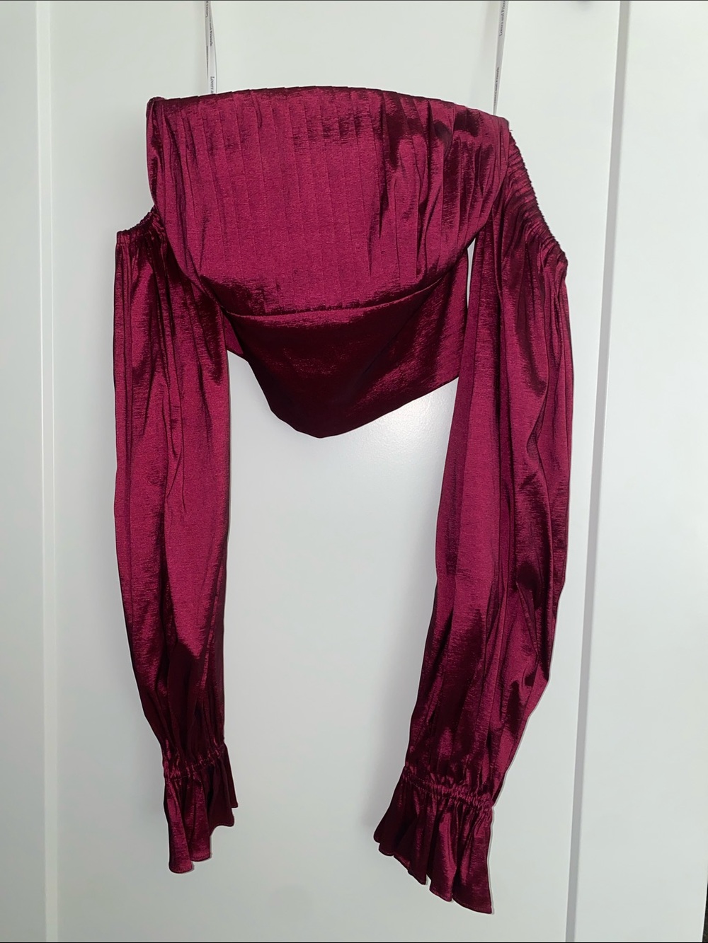 Lovers + Friends Off-Shoulder Long Sleeve Satin Crop Top in Deep Wine